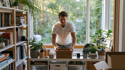 Fototapeta premium Man organizing a home office workspace, placing a basket on a desk with books, plants, and natural light
