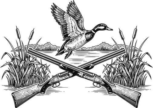 Engraving vintage mallard duck in flight above crossed hunting shotguns with reeds and water during a serene dawn concept