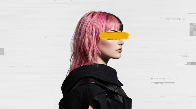 Pink-Haired Woman with Yellow Eye Covering Portrait