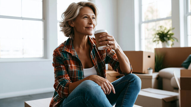 Mature woman enjoying coffee while planning her new home, relocating and starting a new chapter in life