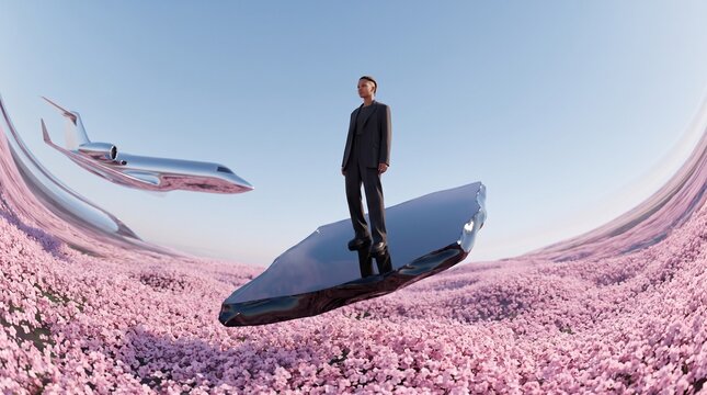 Businessman Standing on Surreal Floating Platform in Flower Field