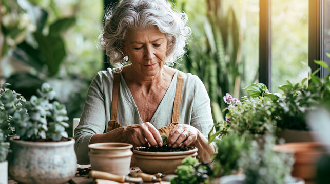 Senior woman potting indoor plants in a sunlit greenhouse, enjoying her tranquil gardening hobby during retirement