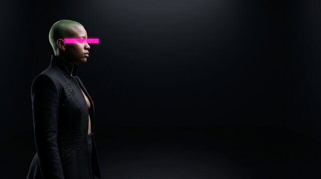 Woman with Neon Pink Eyes Against Dark Background