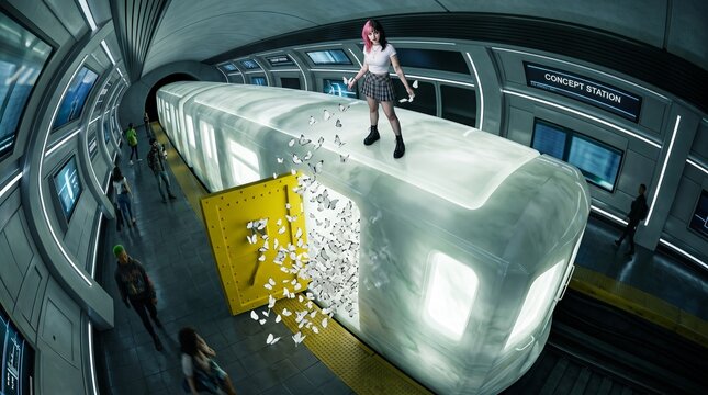 Futuristic Concept Station with Levitating Vehicle Display