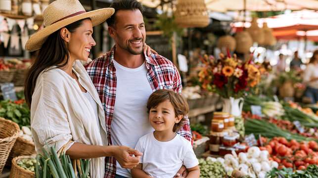 Happy family shopping fresh produce together at an outdoor farmer's market, enjoying healthy organic and local food