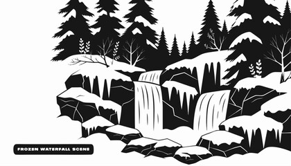Very beautiful black and white vector of a FROZEN WATERFALL SCENE with a bold label reading "FROZEN WATERFALL SCENE", featuring icy cascades, snowy rocks, winter forest, and engraved textures, isolate © williamnoah