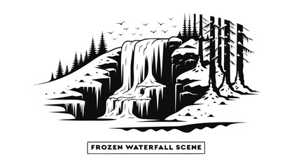 Very beautiful black and white vector of a FROZEN WATERFALL SCENE with a bold label reading "FROZEN WATERFALL SCENE", featuring icy cascades, snowy rocks, winter forest, and engraved textures, isolate © williamnoah