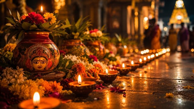Traditional decorated brass pot ghatam and burning clay diya oil lamps inside a Hindu temple during the Indian Bonalu festival celebration, featuring soft incense smoke and beautiful bokeh background.