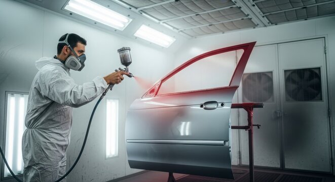 Auto Mechanic Spray Painting a Car Door in a Professional Paint Booth