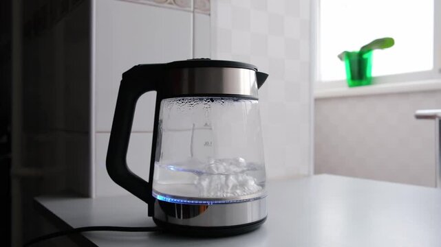 Kettle boiling water on kitchen counter near window with plant in background