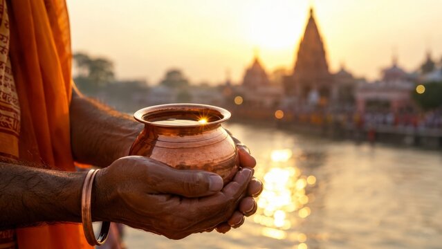 Close-up of a hindu pilgrim's hands holding a copper pot filled with holy ganges water at sunset during the kanwar yatra festival in india, with a blurred temple and river reflection background.