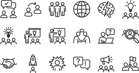 Fototapeta premium Business teamwork and corporate collaboration line icons set featuring brainstorming strategy leadership meeting startup launch presentation global communication human resources