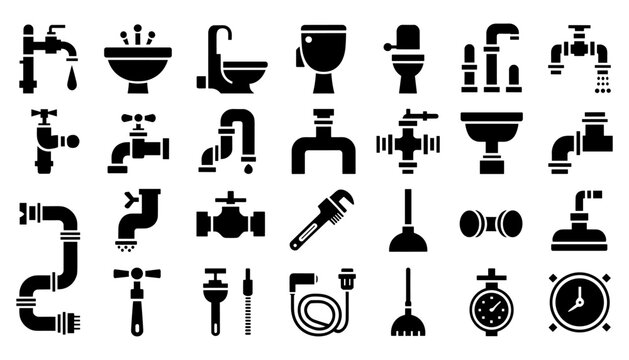 Plumbing fixtures and tools collection black silhouette icons for bathroom and pipeline systems