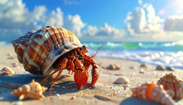 A vibrant hermit crab emerges from shell on a sunlit beach with soft waves
