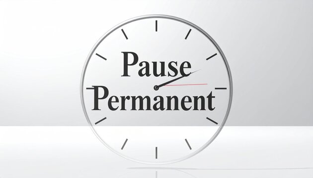 A clock face with hands frozen, words "Pause Permanent" in the center on a white background