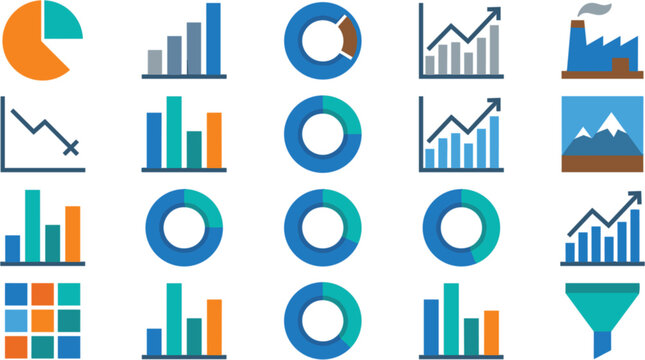 Business infographic flat icons set featuring pie charts donut graphs financial bar statistics market trends industrial manufacturing funnel and corporate analytics vector illustration