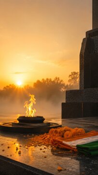 Kargil Vijay Diwas background with eternal flame (amar jawan jyoti), folded Indian tricolor national flag, and orange marigold flowers at a war memorial during a golden misty sunrise.