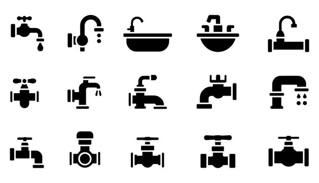 Plumbing fixtures icon set faucets taps and valves black silhouette glyphs on white background