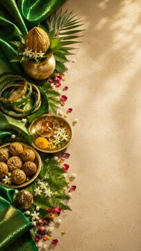 Hariyali Teej puja background with sweet ladoo, brass kalash with coconut, burning diya lamp, gold bangles, and jasmine flowers on green silk fabric under warm sunlight with copy space.