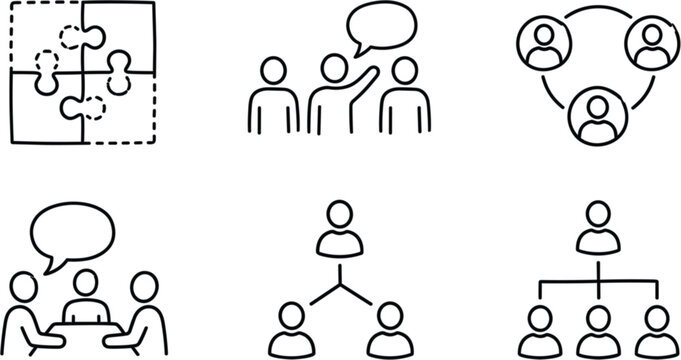 Corporate business structure line icons set featuring organizational chart, teamwor,k connecti, on puz,zle problem sol,ving str,ategy m,eeting and company communication vector illustration