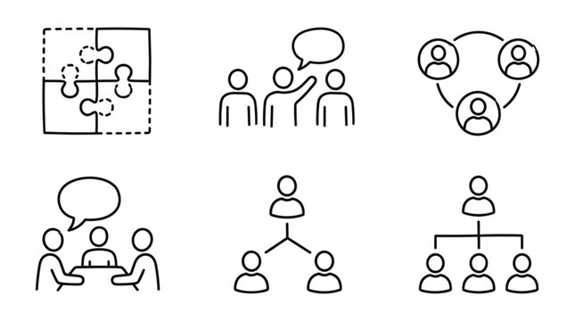 Corporate business structure line icons set featuring organizational chart, teamwork, connection,o puzzle,zle problem solving, strategy,y meetin,,g and company communication vector illustration