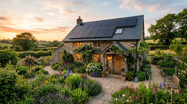 Rustic stone cottage with rooftop solar panels and a lush flowering garden path at sunset
