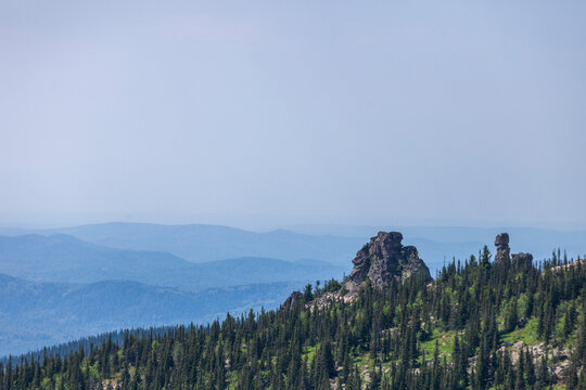 remnants pillars on Mount Zelenaya. Sheregesh, Russia