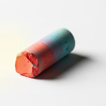 A small, broken stub of colored chalk resting alone on a white surface, ready for use in a lesson or conceptual artwork, concise, minimalist, background