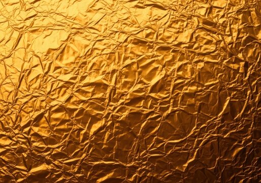Abstract background featuring richly textured, crumpled golden foil reflecting light, suitable for festive designs or luxury packaging, material, shiny texture, light reflection