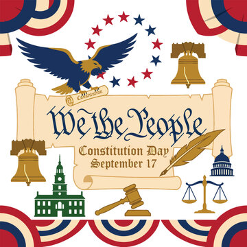 Constitution Day patriotic poster with soaring eagle, Liberty Bell, decorative scroll, gavel, scales of justice and US Capitol, elegant red white blue banner design celebrating America&rsquo;s founding char