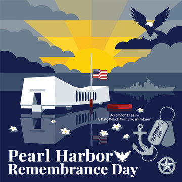 Pearl Harbor Remembrance Day illustration with USS Arizona Memorial at sunrise, calm harbor water, battleship silhouettes, seagulls and reflections, solemn World War II tribute banner background