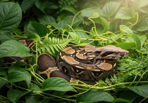 Large boa snake patiently resting and concealed amidst dense green tropical foliage, waiting for prey in the humid jungle ecosystem, snake, rainforest, horizontal
