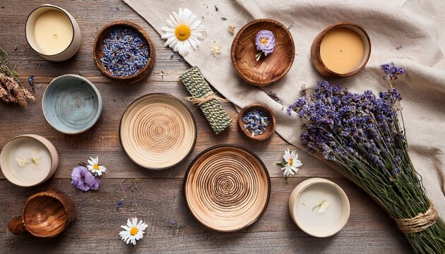 Flat lay of wooden bowls, candles, lavender and chamomile on rustic table