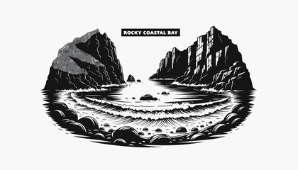 Naklejka premium Very beautiful black and white vector of a ROCKY COASTAL BAY with a bold label reading 