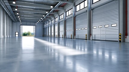 Fototapeta premium Spacious industrial warehouse interior with large windows and polished concrete floor, bright lighting
