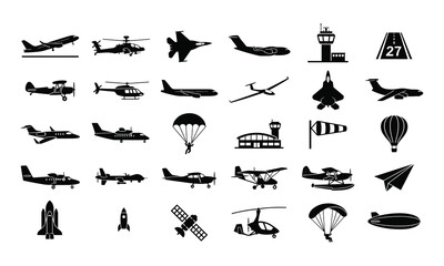 Obraz premium Aviation, icons, vector, set, airplane, silhouettes, helicopter, jet, fighter, airport, runway, rocket, spacecraft, parachute, glider, drone, blimp, satellite, transport, collection
