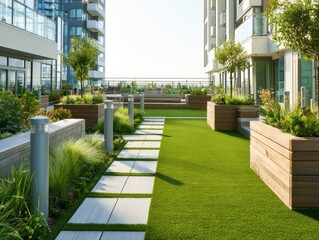 Obraz premium Modern urban rooftop garden with green grass, wooden planters, and stone pathways in city setting