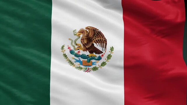 Mexican flag with green white and red vertical stripes and detailed eagle emblem