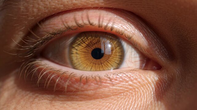 Stunning close up macro tracking shot of a luminous amber golden human eye opening and blinking with sharp window light reflections on the cornea demonstrating complex genetic iris ring patterns, cont