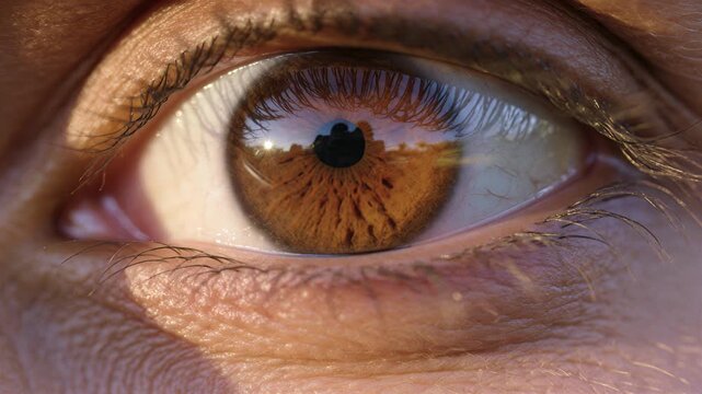 Macro extreme close up of an open hazel brown human eye blinking smoothly under natural lighting showcasing detailed radial iris fiber lines and clear sclera for biometric security scanning system tes