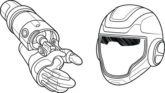 Futuristic sci-fi robotic prosthetic arm and mechanical space helmet line art vector illustration isolated on white background
