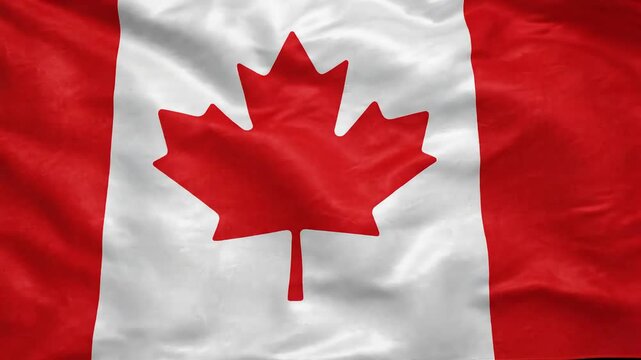 Closeup of the canadian flag with vibrant red and white colors and maple leaf emblem