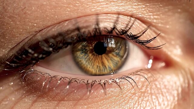 Cinematic high tech view of a human eye blinking with vibrant cyberpunk pink and violet neon studio lights reflecting on the pupil representing futuristic smart glasses display controls, digital cyber