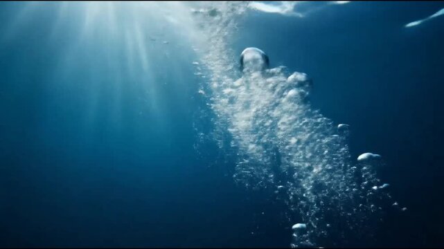 Underwater air bubbles rising toward surface light.