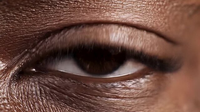 Medical macro video of a bloodshot human eye blinking with distinct red capillaries and irritated blood vessels on the white sclera symbolizing dry eye syndrome, clinical allergy symptoms, eye strain 