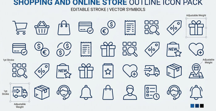 A clean vector illustration showing a collection of 45 minimalist e-commerce outline icons displayed in a structured modular grid on a solid white background. Icons include online shopping, shopping c