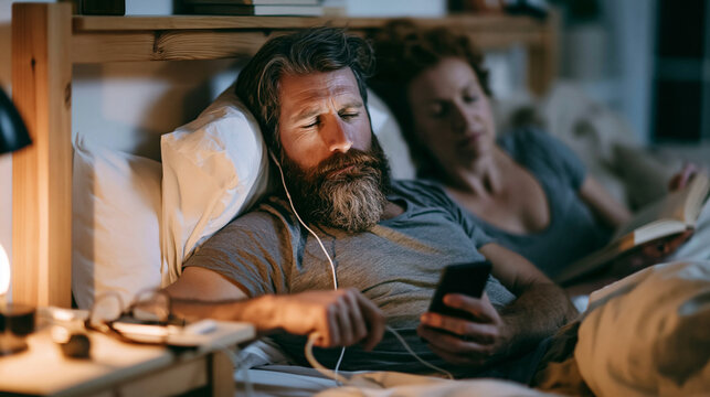 Mature man relaxing in bed with smartphone and earphones, closing eyes, woman reading book beside him