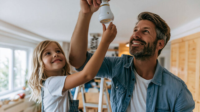 Father teaching daughter replacing energy efficient light bulb at home, smiling, learning about sustainability