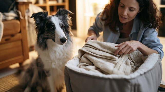 Woman preparing a comfortable dog bed for her border collie, creating a cozy and caring atmosphere in the living room