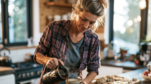 Woman pouring a cup of hot coffee with steam rising, starting her day with a warm drink in a home kitchen